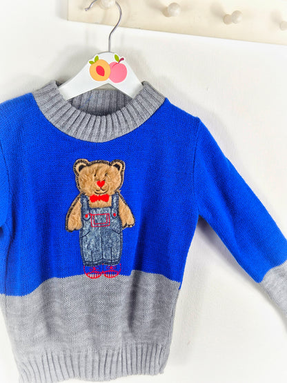 3 years. Blue and grey vintage knit jumper with teddy bear