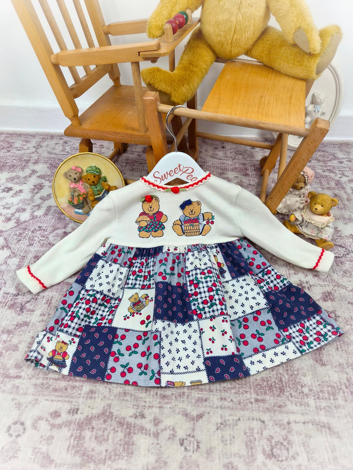 9-12 months. Vintage teddy bear dress with patchwork style skirt