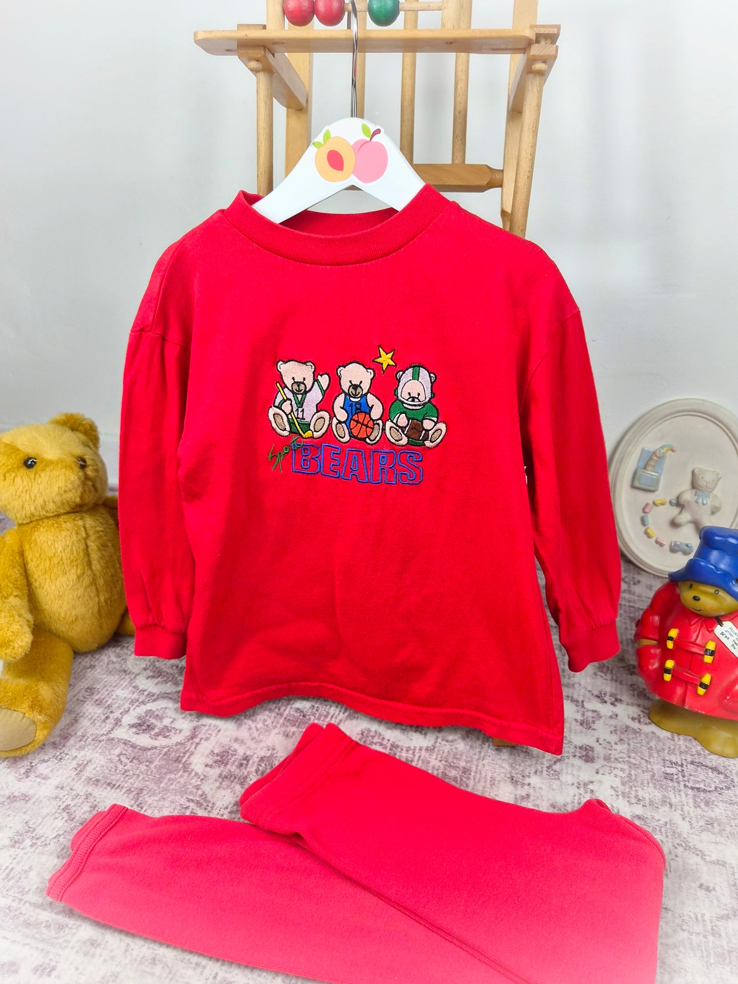 4 years. Mix & match red vintage set with embroidered bears