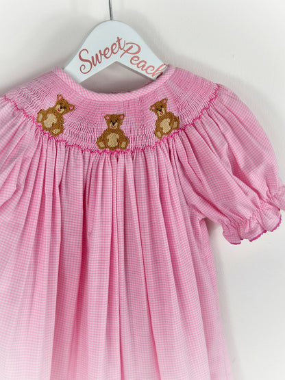 4-5 years. Pink and white vintage inspired, maxi style smock dress with embroidered teddy bears