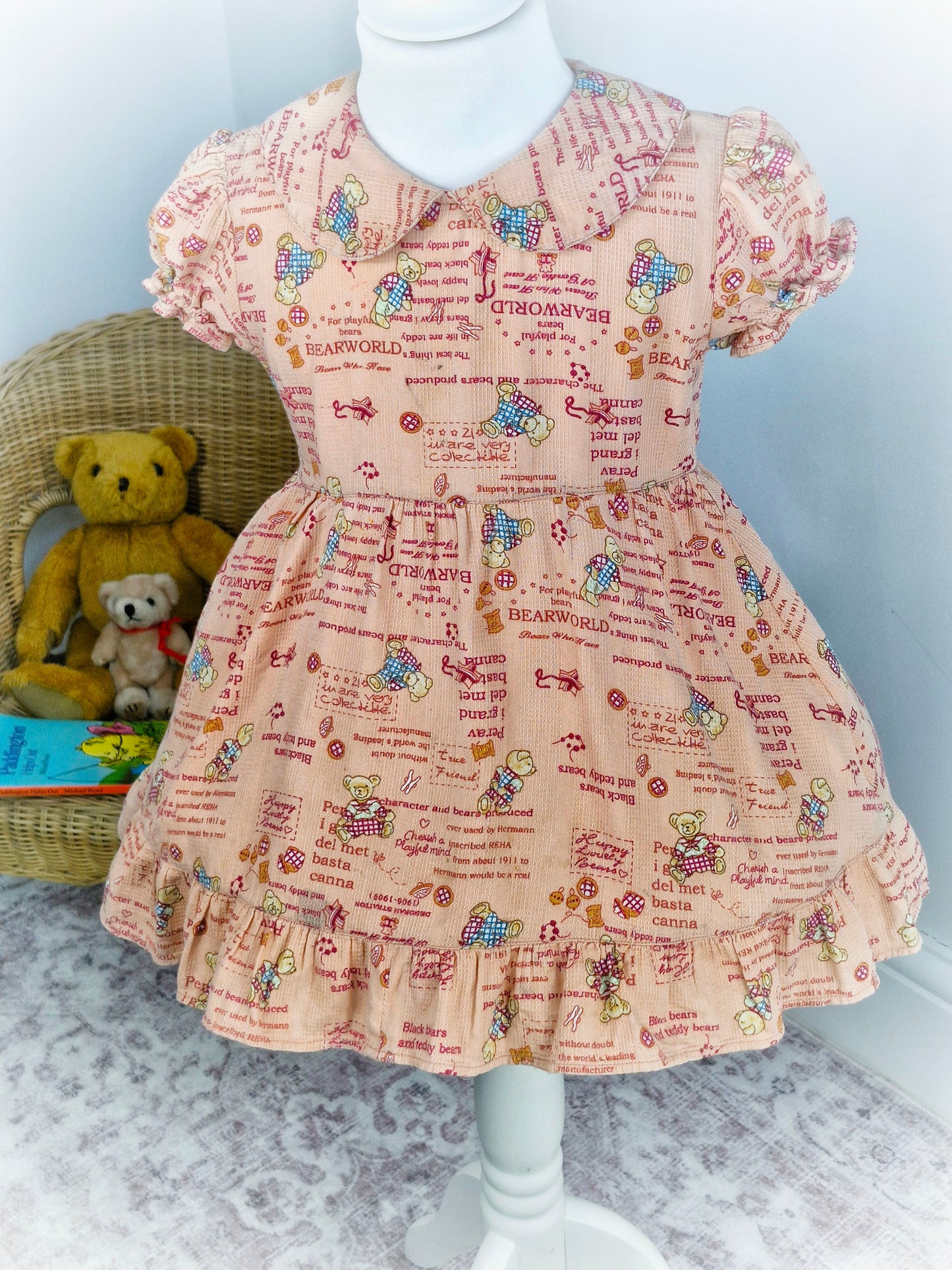 2-3 years. Vintage inspired dress with Peter pan collar, puff sleeves and teddy bear print