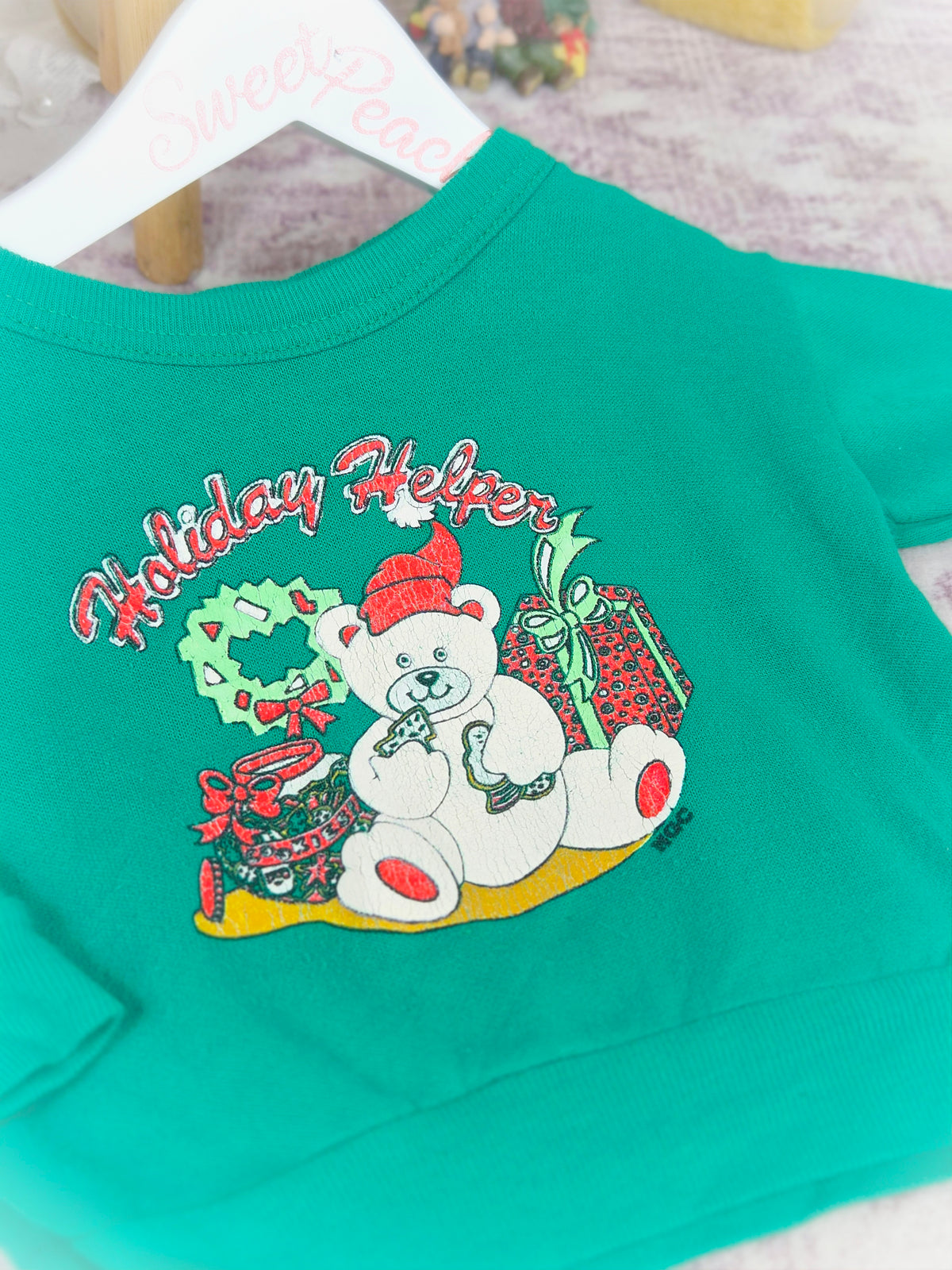 12 months. Green vintage "Holiday Helper" sweater.