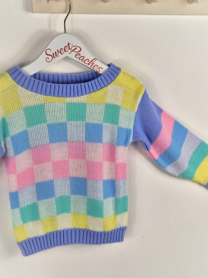 2 years. Mini Waves pastel checked and striped knit jumper