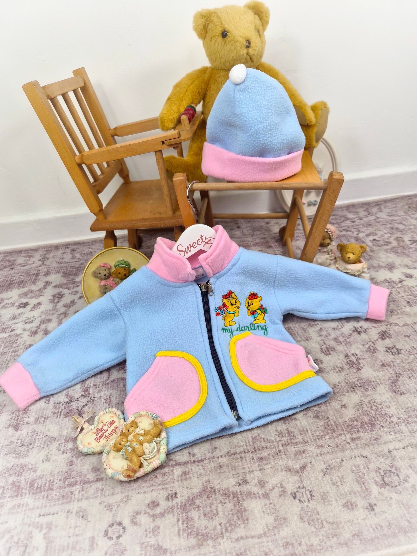 12-18 months. Two-piece vintage fleece jacket and matching hat with embroided teddy bears and "my darling"