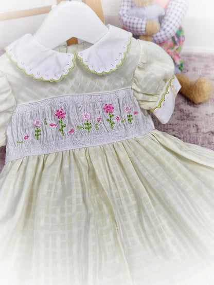 9-12 months. Lime green and white checked vintage smock dress by BT Kids with embroidered flowers