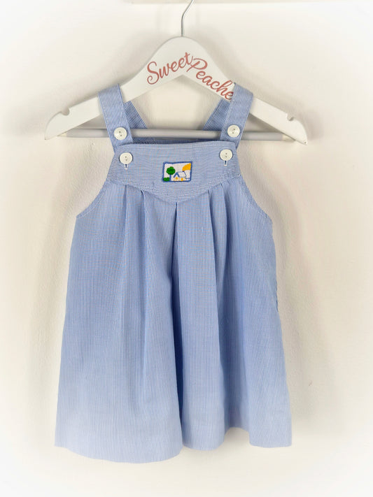 18-24 months. Blue and white striped vintage pinafore dress with home scene applique