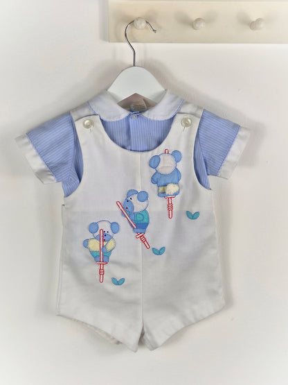 9-12 months. Two piece vintage set, blue shirt and white, short overalls