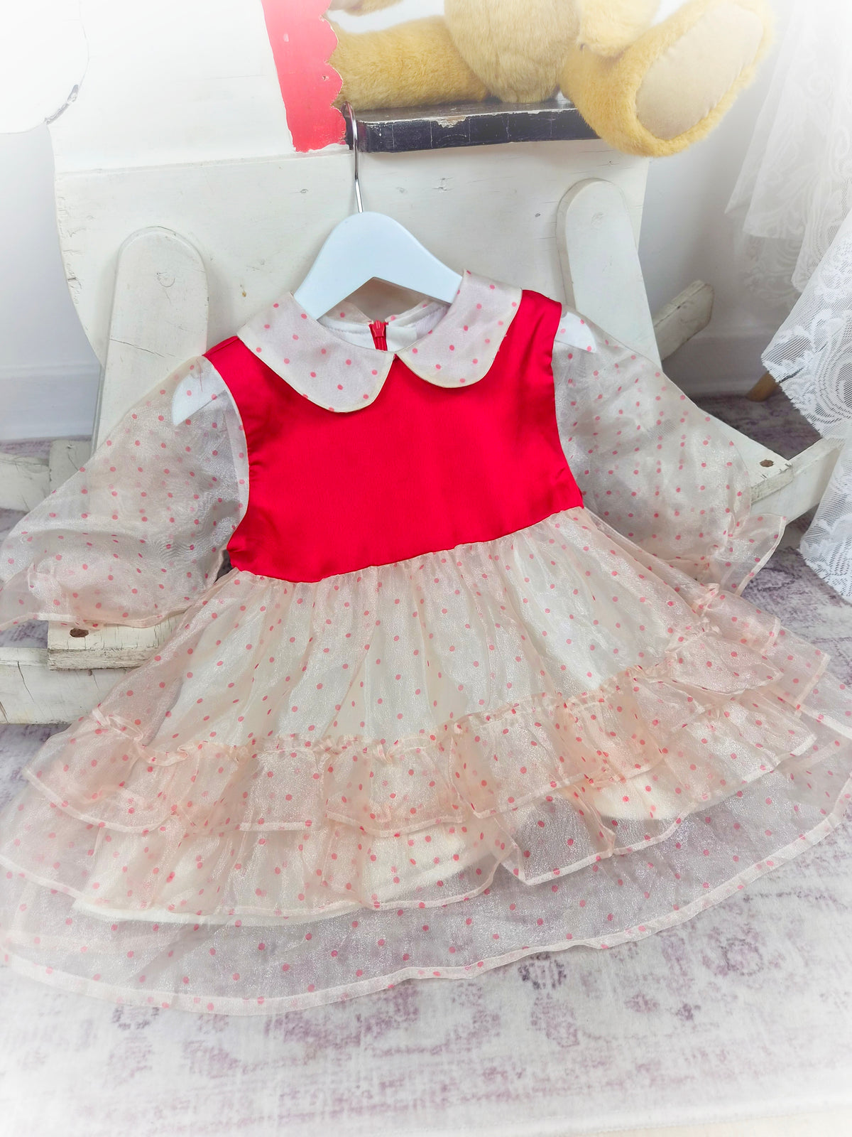 2 years. Red satin and polka dot taffeta tiered vintage dress