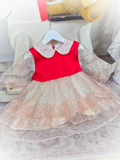 2 years. Red satin and polka dot taffeta tiered vintage dress