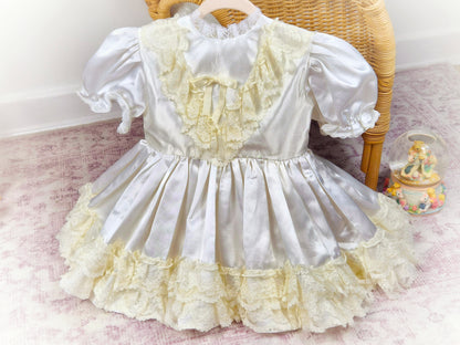2 years. Satin vintage dress with lace layers and puff sleeves