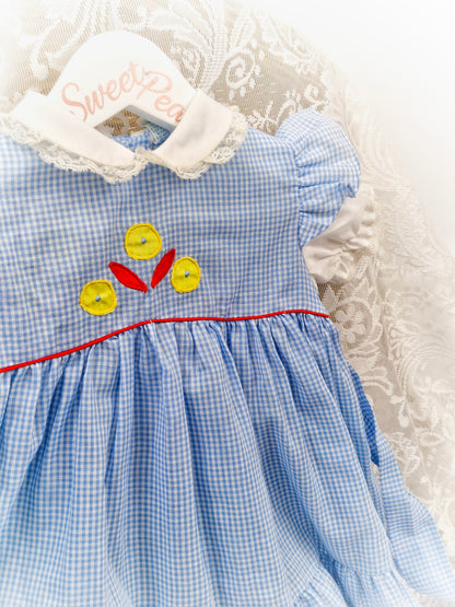 12 months. Blue and white gingham dress
