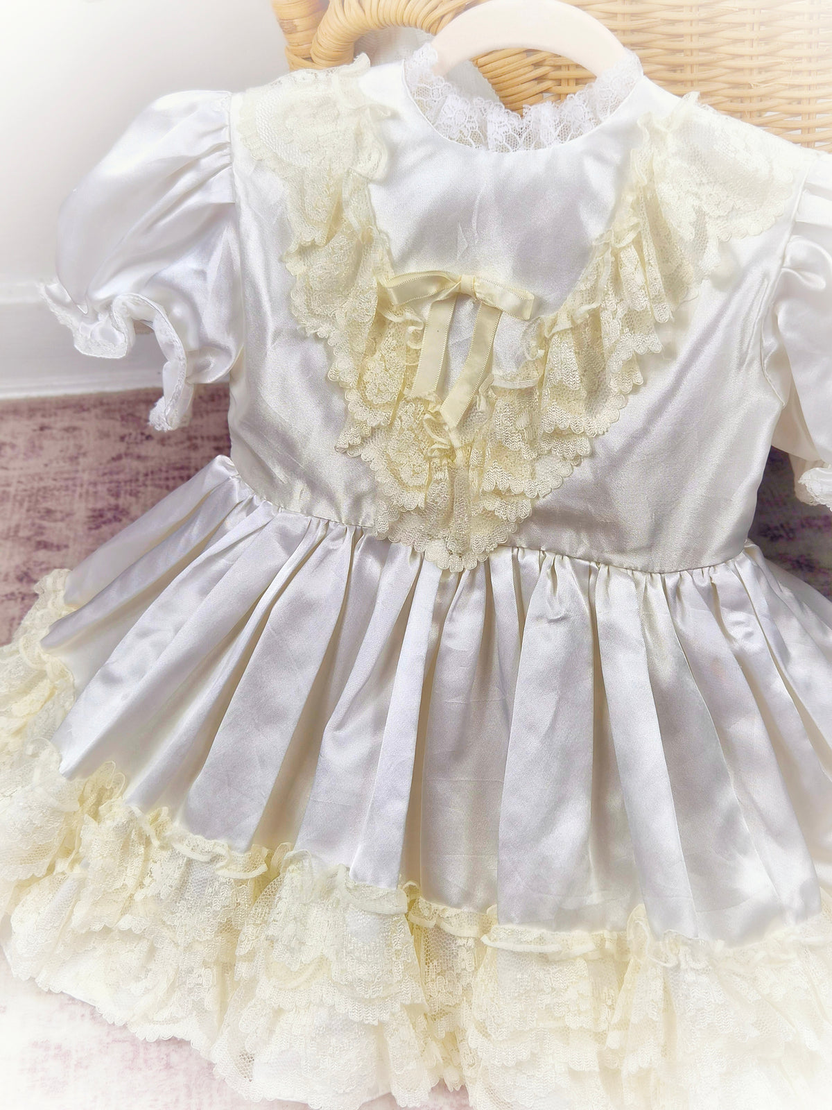 2 years. Satin vintage dress with lace layers and puff sleeves