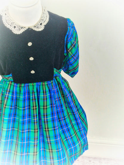 4 years. Vintage dress, blue, green and black tartan skirt & sleeves with velvet top, white buttons and lace collar