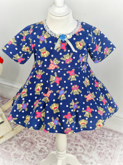 3-4 years. Navy vintage flare top with teddy bear print, ribbon & rose