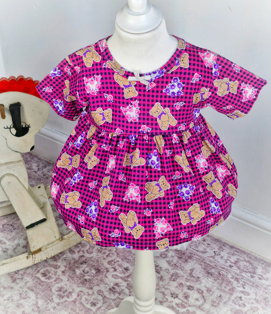 3 years. Hot pink gingham vintage top with teddy bears and flowers print