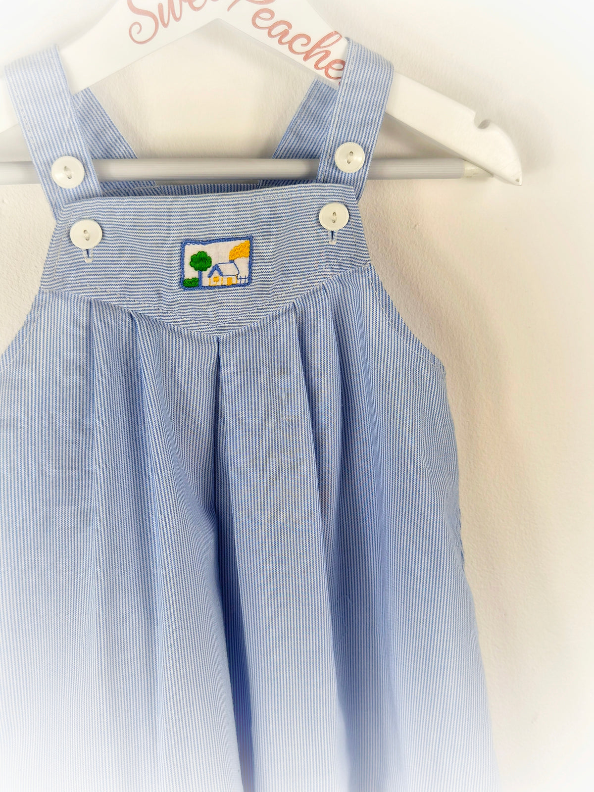 18-24 months. Blue and white striped vintage pinafore dress with home scene applique
