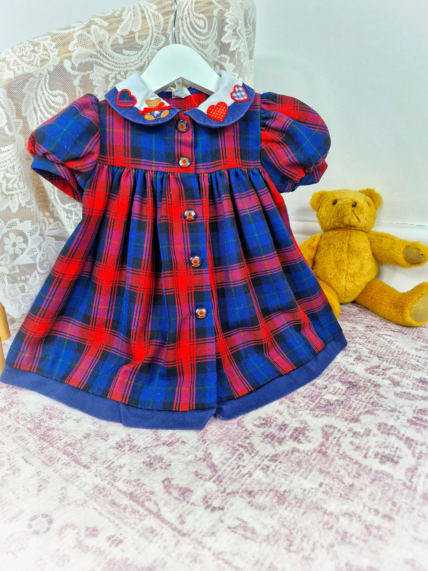 18-24 months. Red and blue checked vintage dress with hearts and teddy bear on collar and teddy buttons