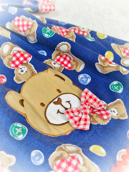 2-3 years. Vintage navy teddy dress with white bib and red gingham details. Mayfair Kids