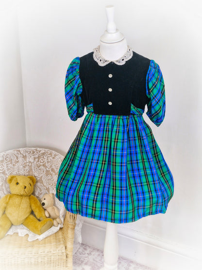 4 years. Vintage dress, blue, green and black tartan skirt & sleeves with velvet top, white buttons and lace collar