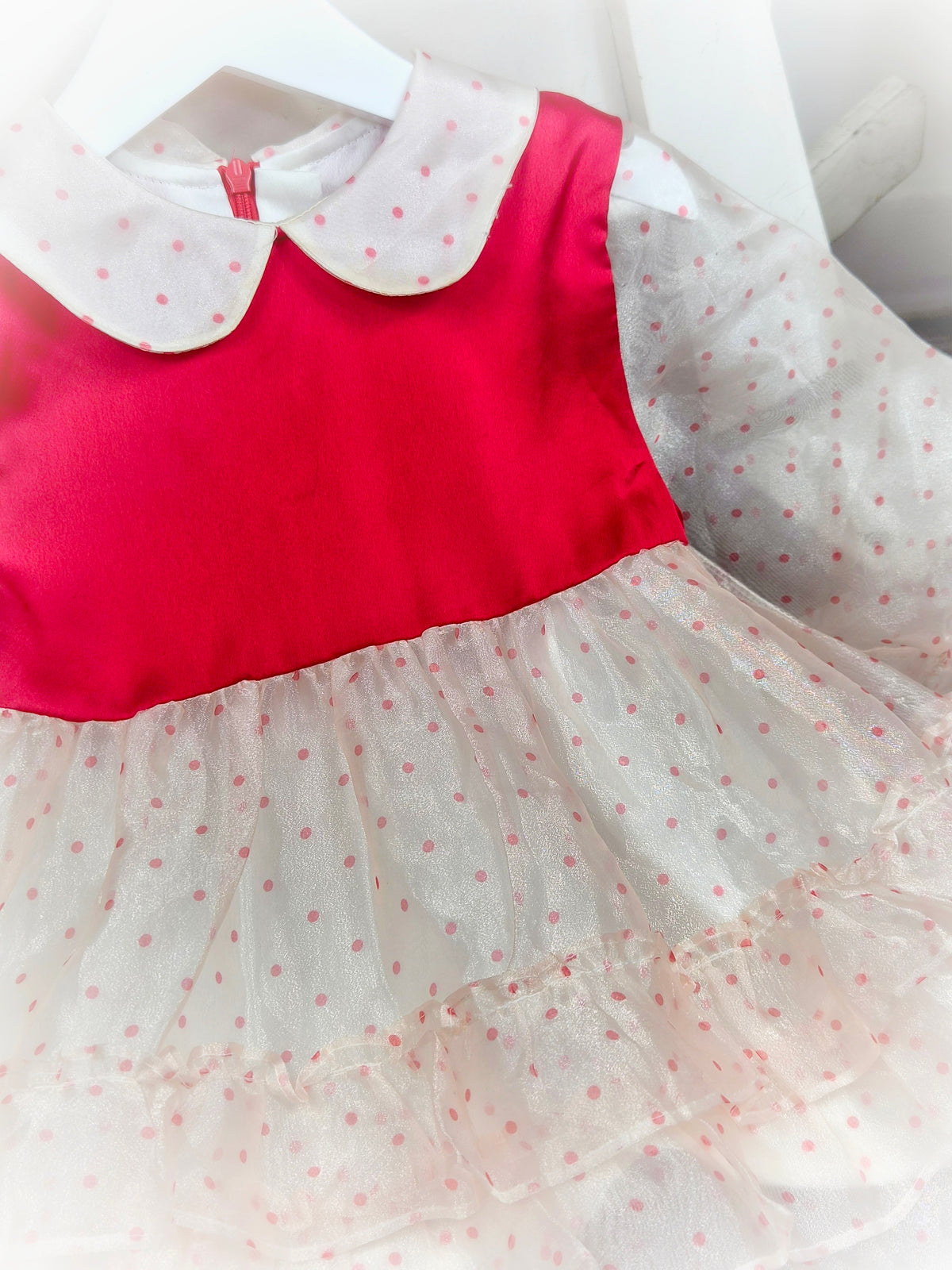 2 years. Red satin and polka dot taffeta tiered vintage dress