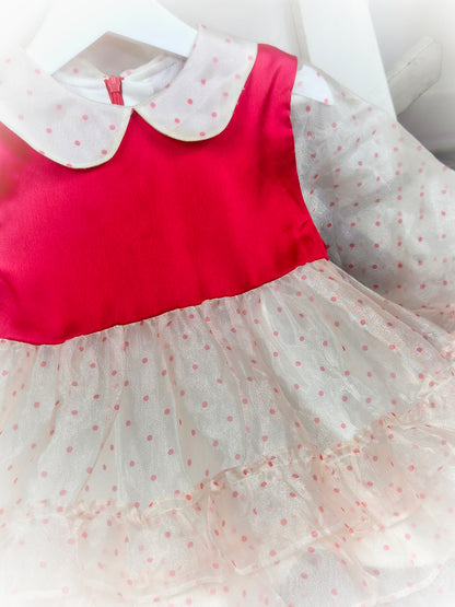 2 years. Red satin and polka dot taffeta tiered vintage dress