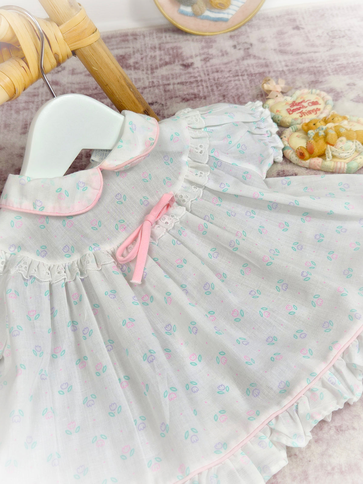 3-6 months. White vintage dress with floral print and eyelet lace trim