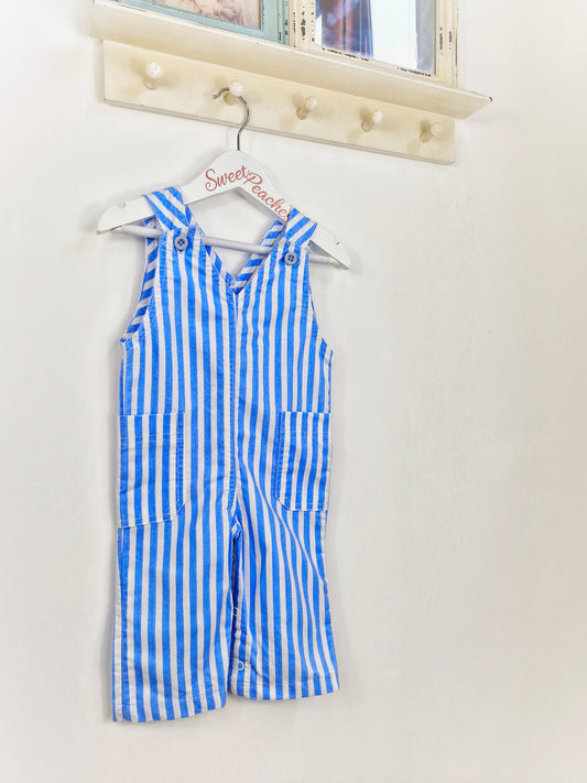 12-18 months. Healthtex blue and white striped dungarees