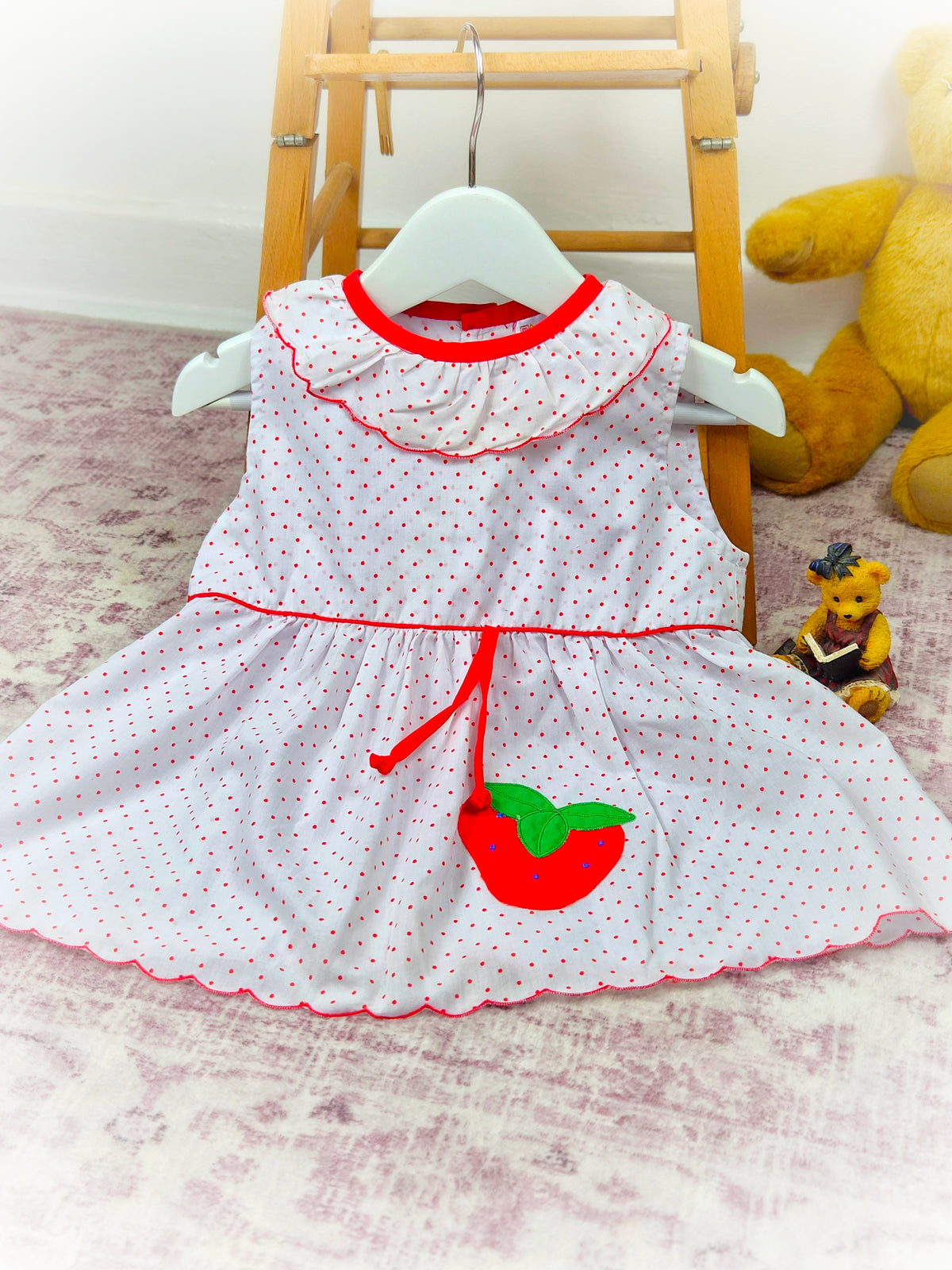 12-18 months. White vintage dress from Mayfair with red polka dots  frilly collar and strawberry applique