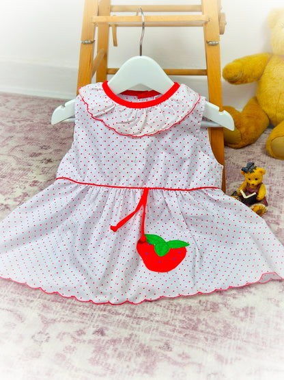 12-18 months. White vintage dress from Mayfair with red polka dots  frilly collar and strawberry applique