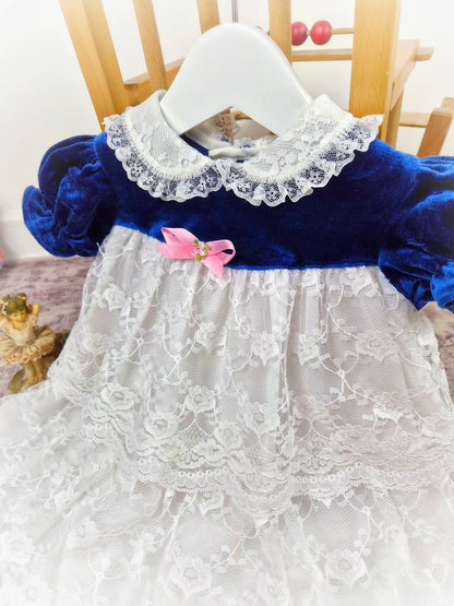 18-24 months. Vintage Roanna, navy velvet chest and sleeves with white lace layers and collar and pink satin bow
