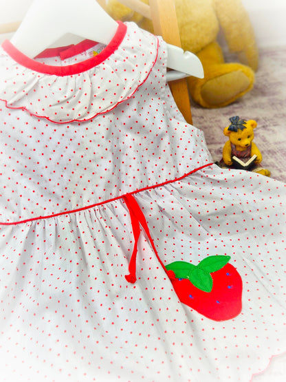 12-18 months. White vintage dress from Mayfair with red polka dots  frilly collar and strawberry applique