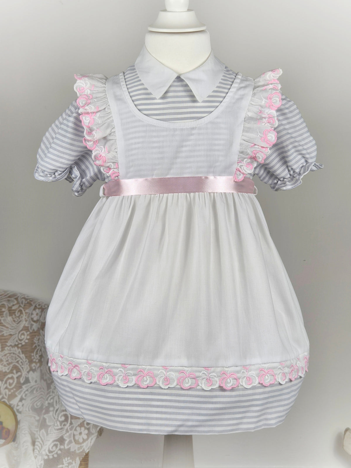2-3 years. White vintage dress with grey stripes, pink embroidered details and satin ribbon