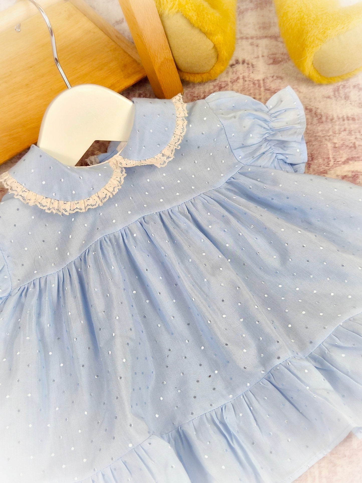 3-6 months. Blue vintage dress with lace trimmed collar and puff sleeves