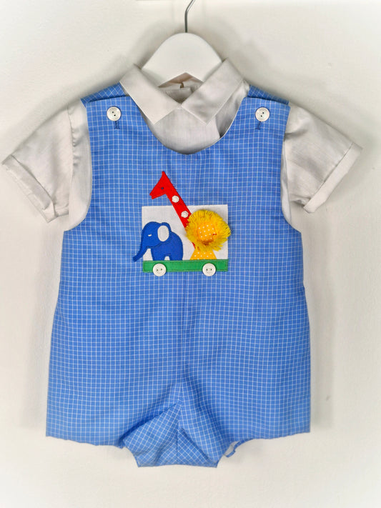 18-24 months. Blue vintage short romper with animals. White, collared shirt included