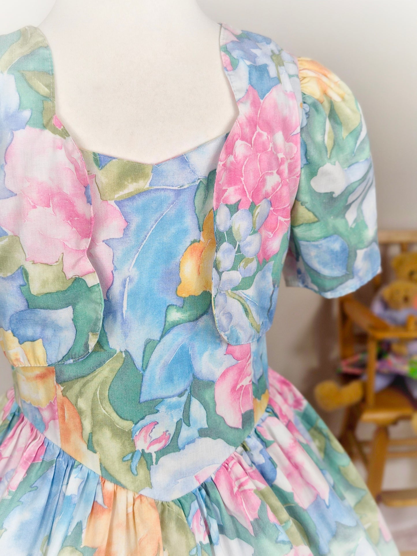 4 years. Floral vintage dress from Eve, too! With faux cardigan
