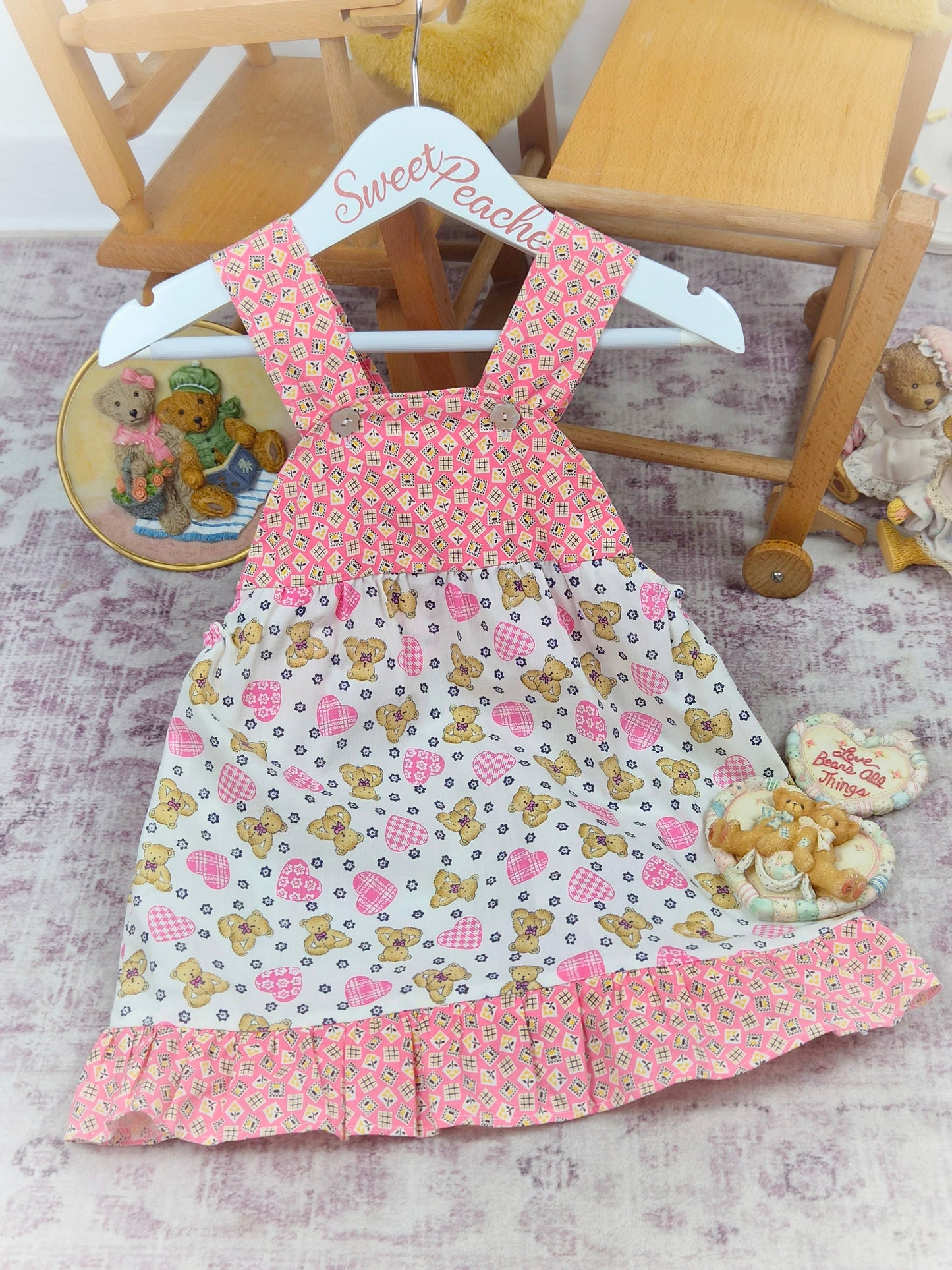 2 years. Vintage pinafore dress with teddy bear and hearts print