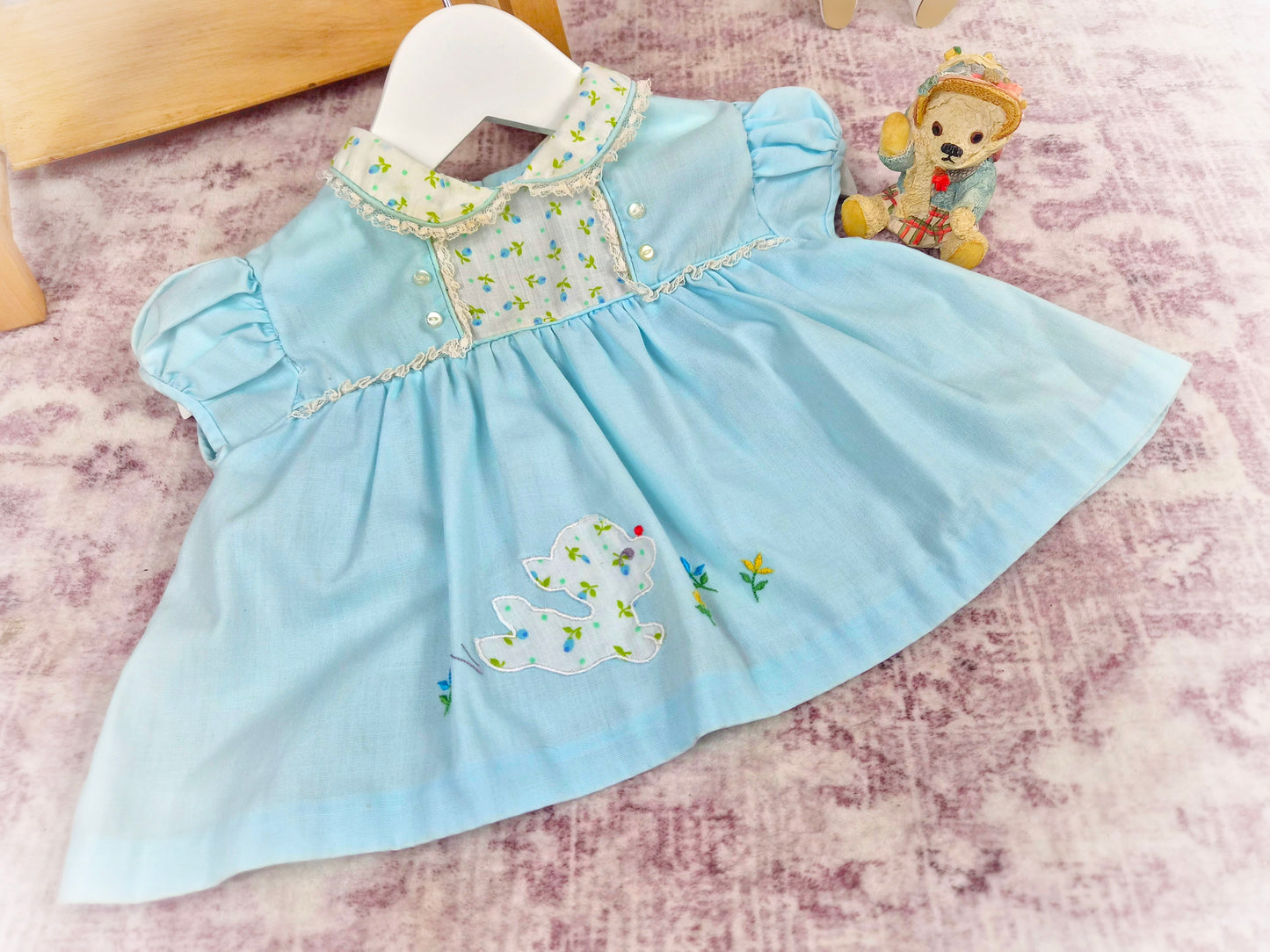 0-6 months. Blue vintage dress with lamb & flowers, puff sleeves and sweet collar