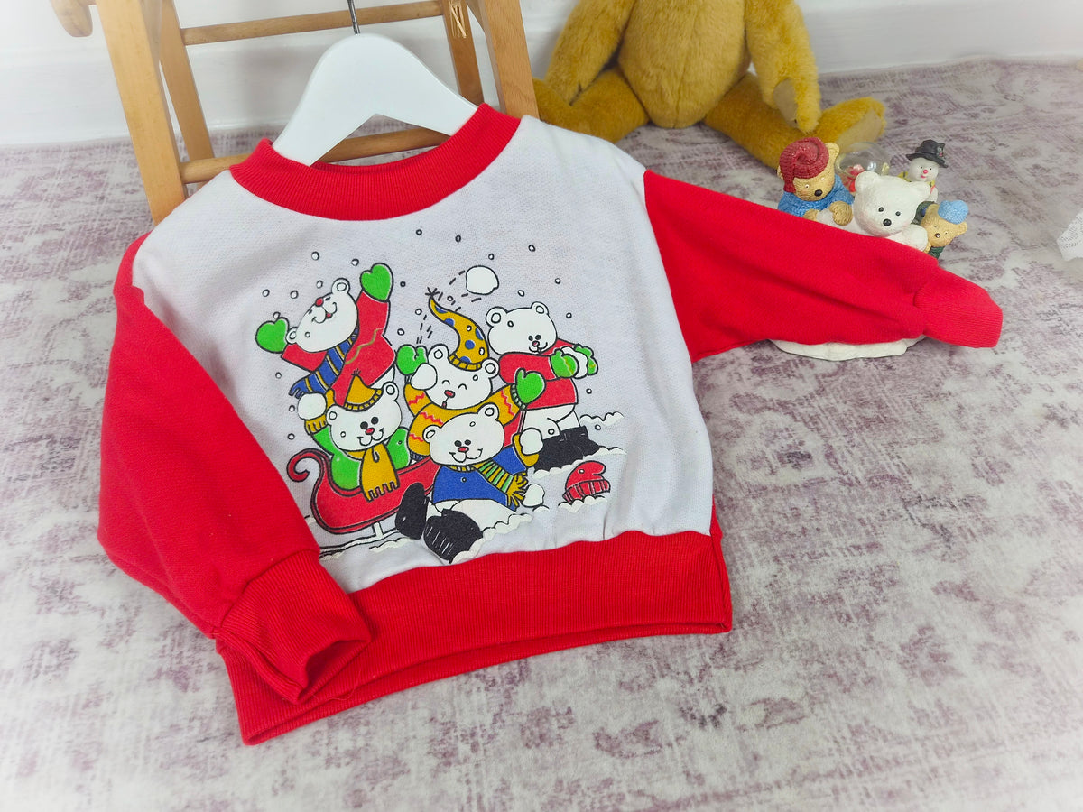 18-24 months. Red and white vintage Christmas sweater with holiday bears