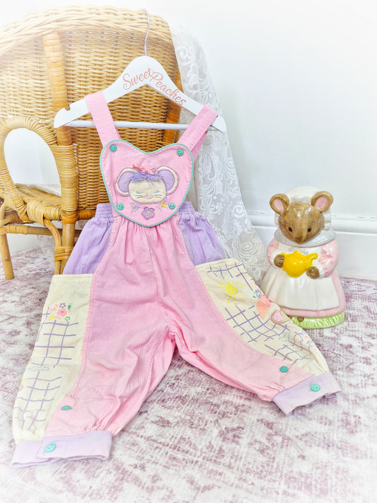 18-24 months. Pastel dungarees from Pretty Originals.