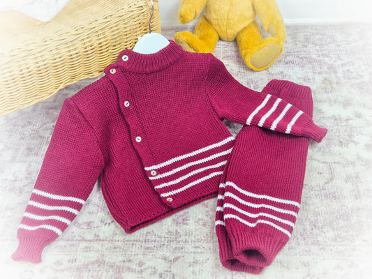 12 months. Burgundy vintage knit set with white stripes and buttons